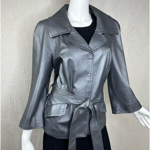 Worth Leather Belted Pewter Gunmetal Jacket